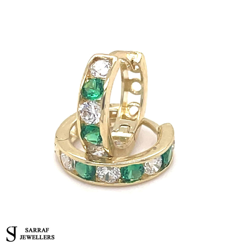 9ct Yellow Gold Emerald, Huggie Hinged Hoop Earrings, Gold Hinged Earrings - Sarraf Jewellers