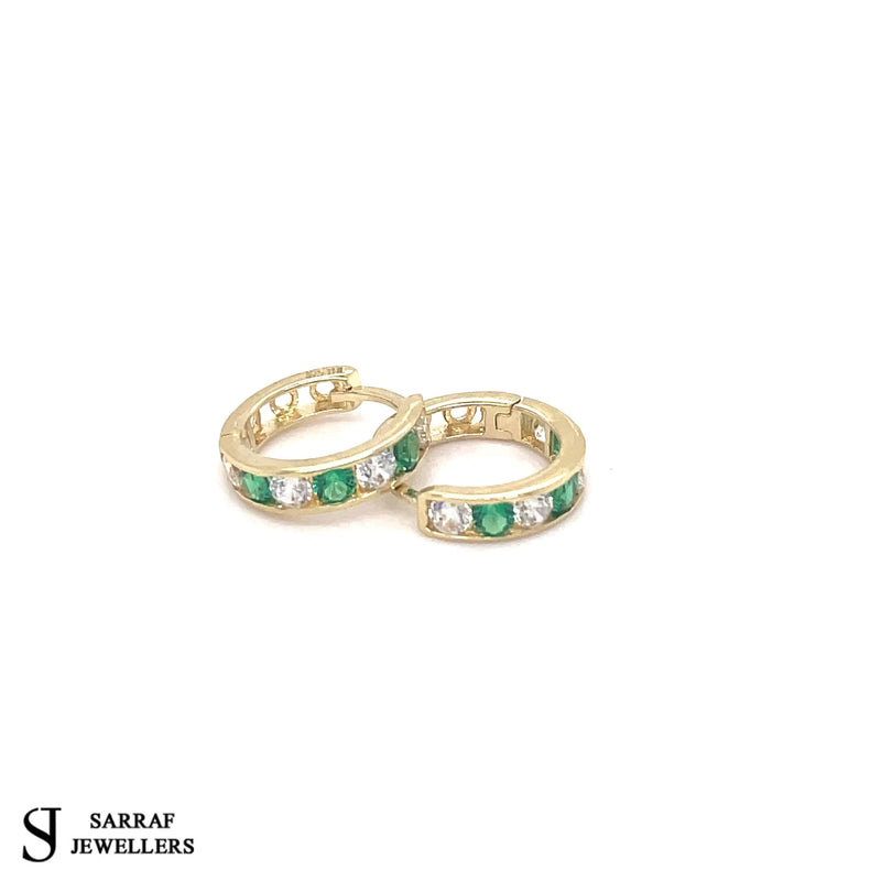 9ct Yellow Gold Emerald, Huggie Hinged Hoop Earrings, Gold Hinged Earrings - Sarraf Jewellers