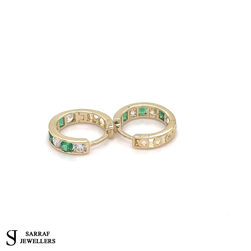 9ct Yellow Gold Emerald, Huggie Hinged Hoop Earrings, Gold Hinged Earrings - Sarraf Jewellers