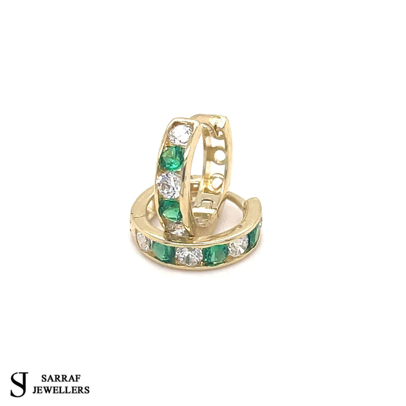 9ct Yellow Gold Emerald, Huggie Hinged Hoop Earrings, Gold Hinged Earrings - Sarraf Jewellers