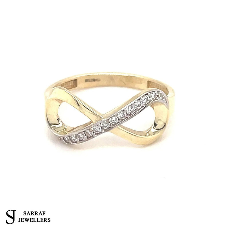 9ct Yellow Gold Ladies Infinity CZ Ring, Infinity Ring, Gold Crossover Ring - Sarraf Jewellers