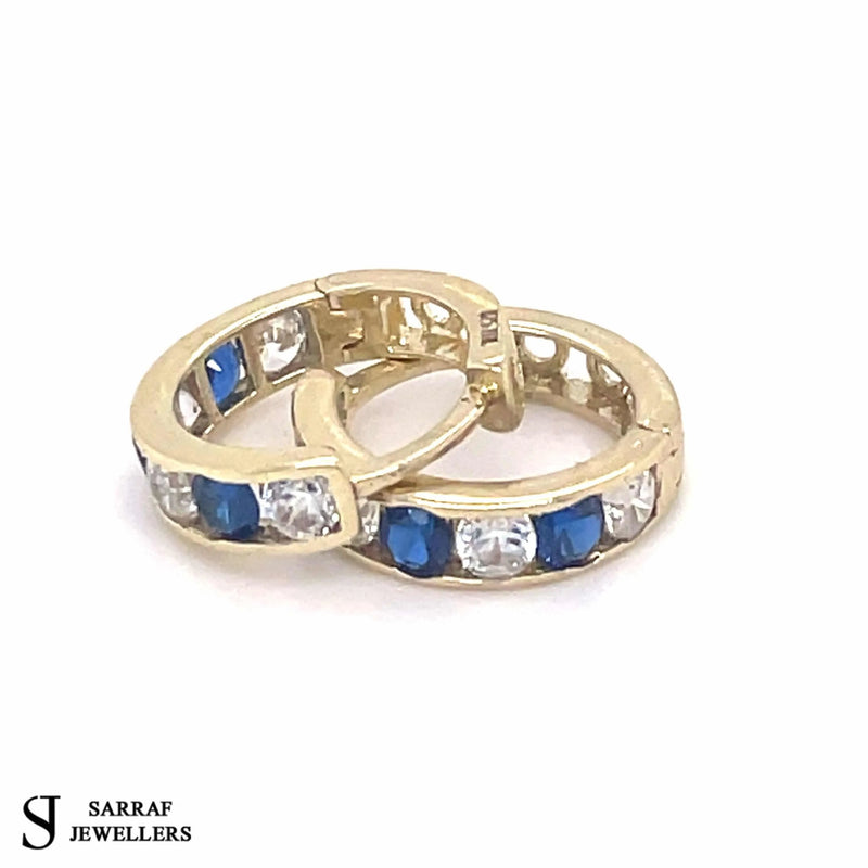 9ct Yellow Gold Sapphire, Huggie Hinged Hoop Earrings, Gold Hinged Earrings - Sarraf Jewellers