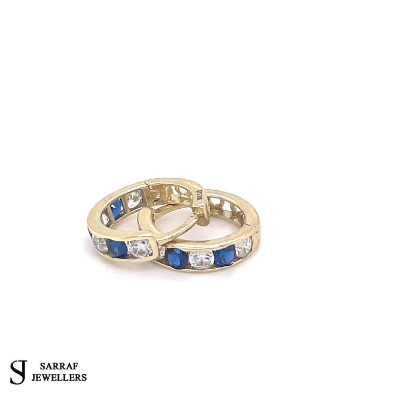 9ct Yellow Gold Sapphire, Huggie Hinged Hoop Earrings, Gold Hinged Earrings - Sarraf Jewellers