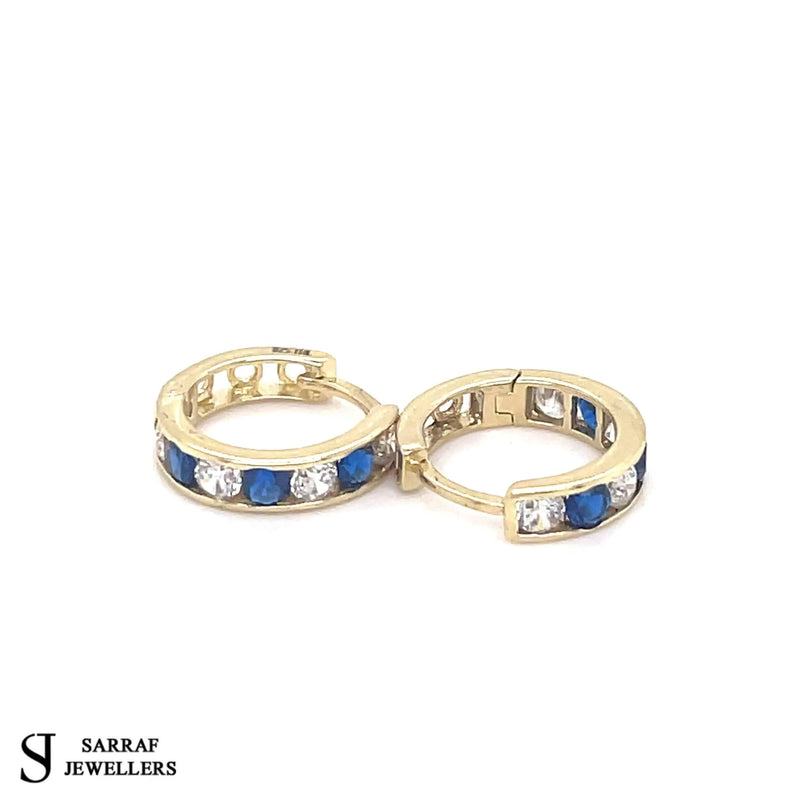 9ct Yellow Gold Sapphire, Huggie Hinged Hoop Earrings, Gold Hinged Earrings - Sarraf Jewellers