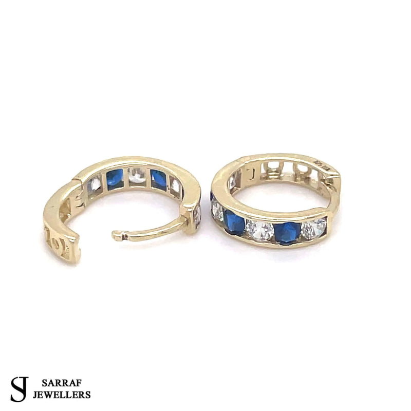 9ct Yellow Gold Sapphire, Huggie Hinged Hoop Earrings, Gold Hinged Earrings - Sarraf Jewellers