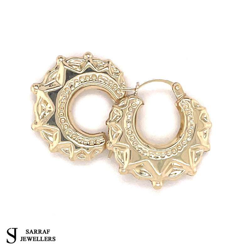 Creole Earrings, 9ct Gold Earring, Victorian Style Spiked, Oval Creole Hoop Earrings 16x19mm - Sarraf Jewellers