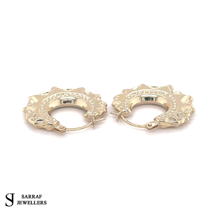 Creole Earrings, 9ct Gold Earring, Victorian Style Spiked, Oval Creole Hoop Earrings 16x19mm - Sarraf Jewellers