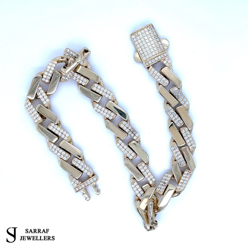 CUBAN CURB HOLLOW 14ct Yellow GOLD CZ MENS 585 BRACELET - Sarraf Jewellers