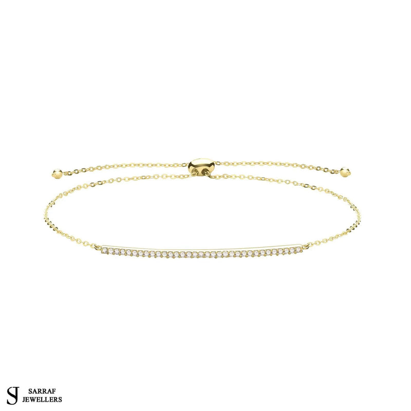 CZ Bar Bracelet, Pull Style Adjustable Bracelet, 9k Yellow Gold CZ Bar Pull Style Bracelet, Ladies Bracelet - Sarraf Jewellers