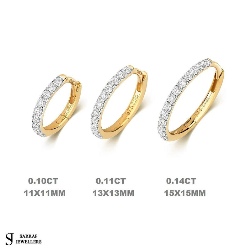 Diamond Cartilage Earrings 9k Gold Diamond Hoop Huggie Hoop, 11-13-15mm Diamond Huggie Hoop Earring - Sarraf Jewellers