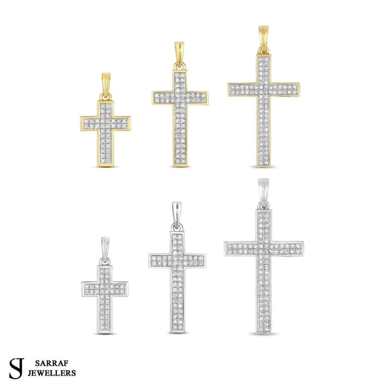 Diamond Cross Pendant, Pave Set 9k Yellow White Gold, Cross For Women, Cross For Men, Real Diamond Cross - Sarraf Jewellers