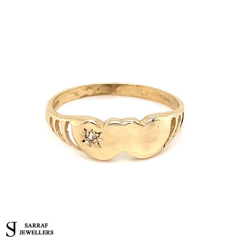 Double Heart Signet Ring, Gold Ring, 9ct Yellow Gold Ring, Double Heart Signet CZ Ring - Sarraf Jewellers