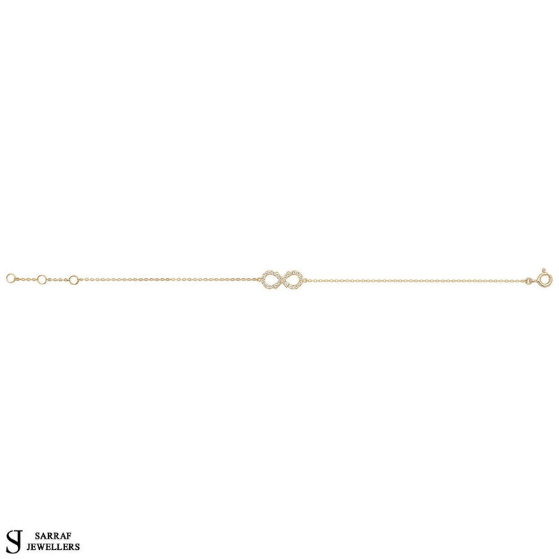 Gold CZ Infinity Bracelet 9k Yellow Gold Ladies' 7.25 inch Bracelet , Ladies Gold Bracelet, Gifts for her - Sarraf Jewellers