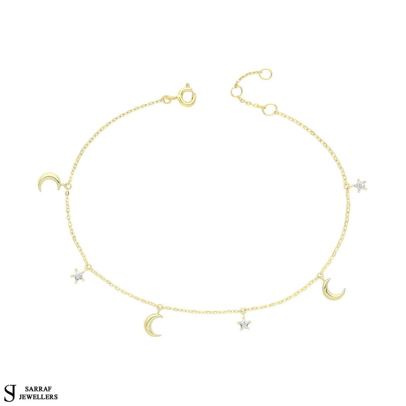 Gold CZ Star and Moon Bracelet, 9k Yellow Gold Ladies Moon Bracelet, Cubic Zirconia Bracelet Gifts for her - Sarraf Jewellers