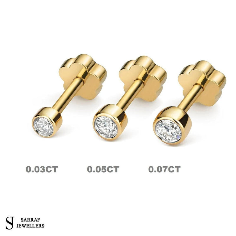 Gold Diamond Cartilage bezel set Stud earrings, 9k Yellow Gold Carat Earrings, Gift For Her - Sarraf Jewellers