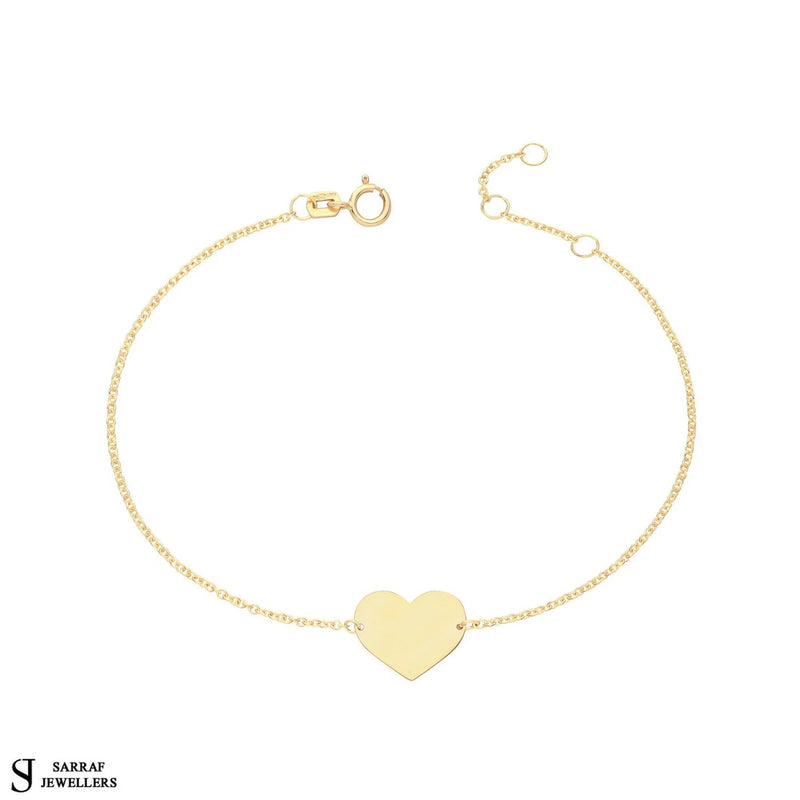 Gold Heart Disc ID Bracelet 9k Yellow Gold Ladies Heart ID Bracelet, Ladies Gold Bracelet, Gifts for her Free Engraving - Sarraf Jewellers