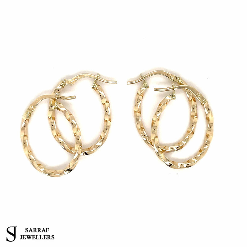 Gold Hoop Earring, Earring Set, Earring Display, 9 carat Yellow Gold Hoop Ladies Oval Twisted Earrings 15MM - Sarraf Jewellers