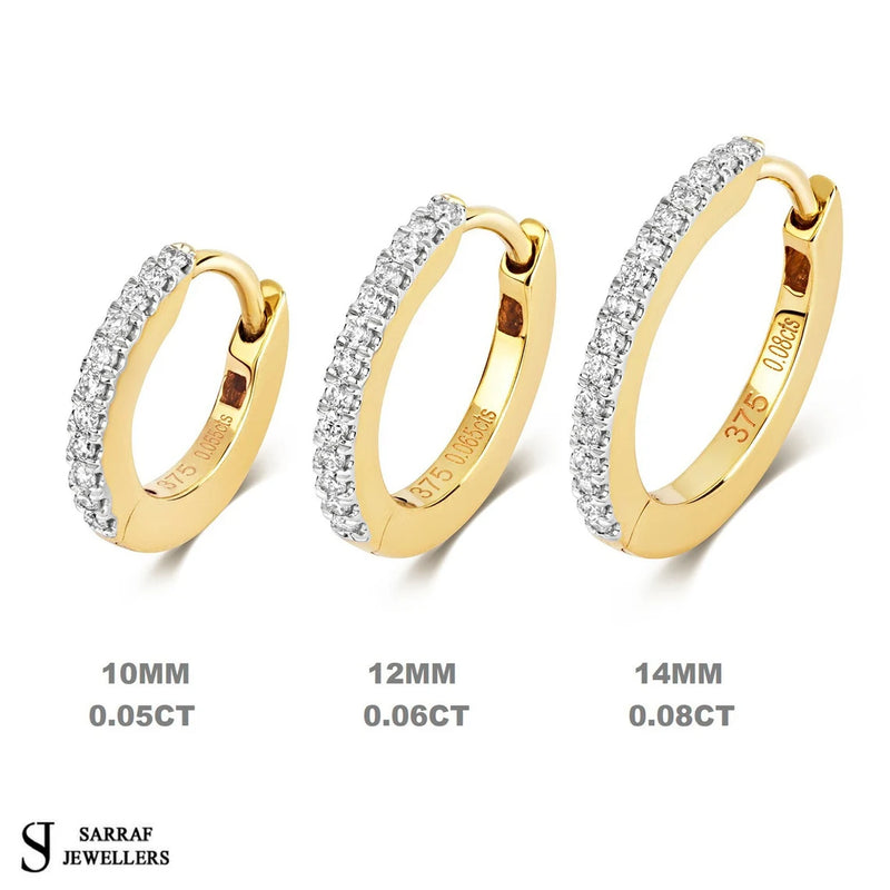 Diamond Cartilage Hoop, Diamond Huggie Hoop, 10-12-14mm Diamond Huggie Hoop Earring, 9k Gold Diamond Hoop - Sarraf Jewellers