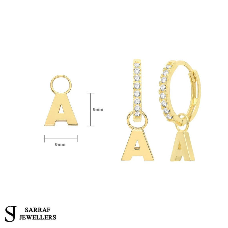 Initial Letter Earring Charm, 9ct Solid Gold Earring Charm For Earring, A to Z, 375 Stamped, 9 Carat Gold Charm - Sarraf Jewellers