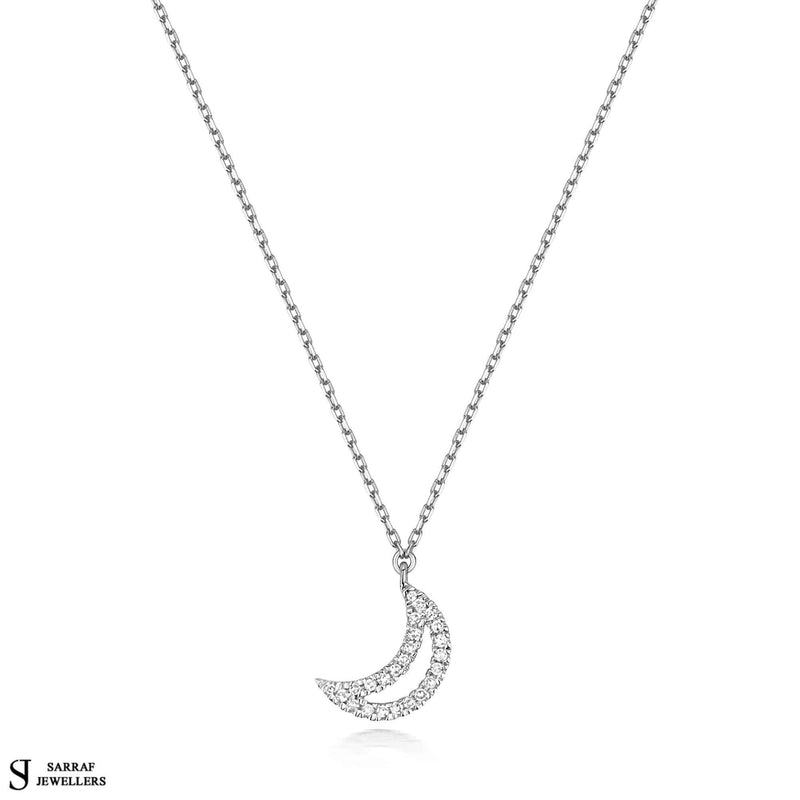 Mini Crescent Moon Diamond Necklace in 9k White Gold Necklace for Women Minimalist Necklace in Diamond Gold - Sarraf Jewellers