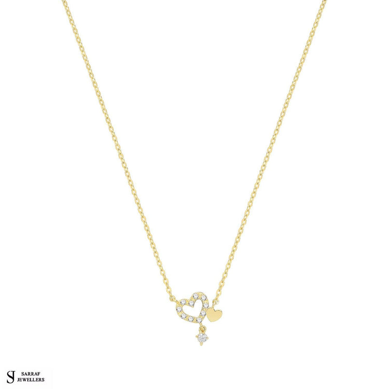 9ct Yellow Gold Double Heart With Dangle CZ, Gold Chain Necklace Heart Shaped for Ladies - Sarraf Jewellers