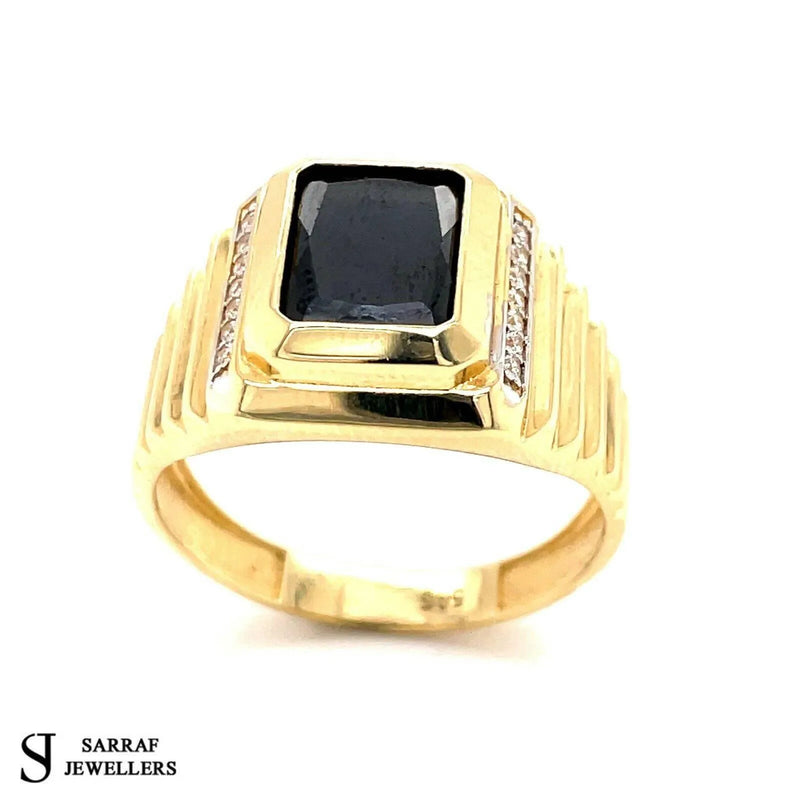 Onyx Cz Heavy Men's Gents Solid 14Ct 14K Yellow Gold Ring 585 New - Sarraf Jewellers