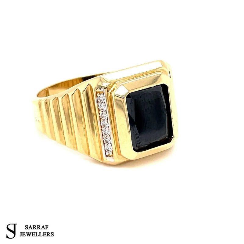 Onyx Cz Heavy Men's Gents Solid 14Ct 14K Yellow Gold Ring 585 New - Sarraf Jewellers