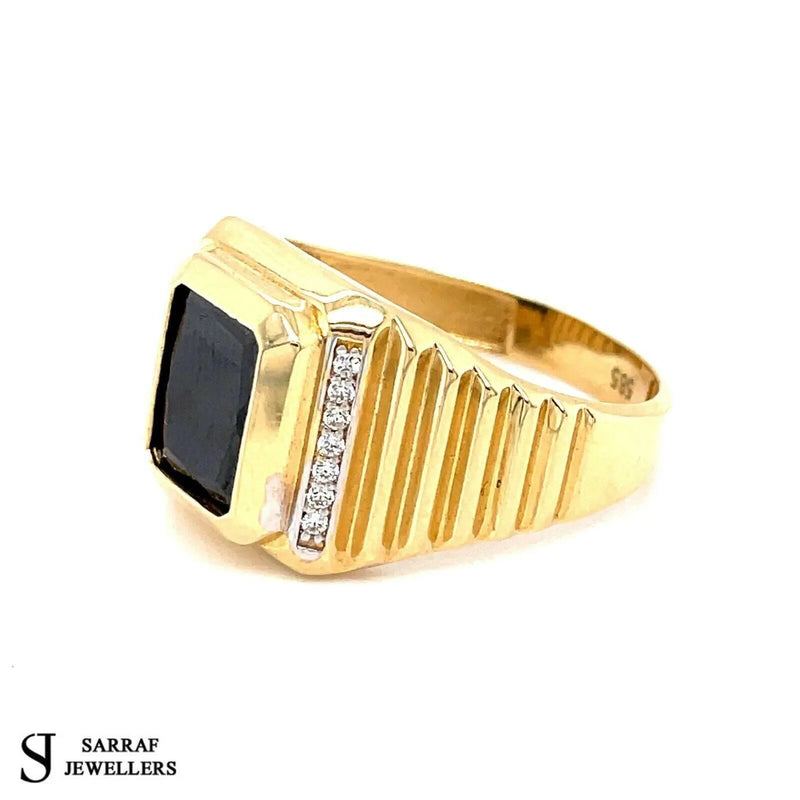 Onyx Cz Heavy Men's Gents Solid 14Ct 14K Yellow Gold Ring 585 New - Sarraf Jewellers