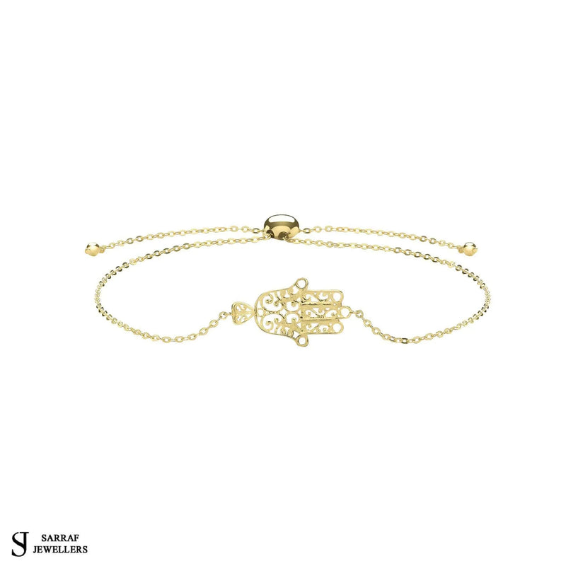 Pull Style Hamsa Hand Adjustable Bracelet, 9k Yellow Gold Hamsa Pull Style Bracelet Ladies Bracelet - Sarraf Jewellers